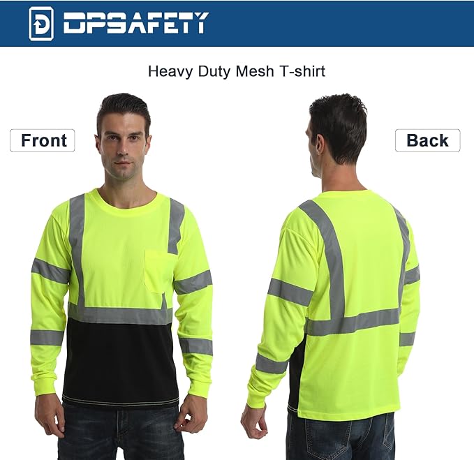 High Visibility Class 3 T Shirts，Hi Vis Safety Shirts with Reflective Strips and Pocket, Long Sleeve Quick Dry Mesh Construction Work Shirt for Men/Women Black Bottom Lime，6XL