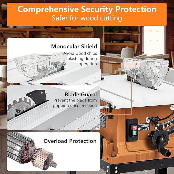 GAOMON Table Saw 10 Inch, 15 Amp 5000RPM Powerful Tablesaw With Stand & Protective Cover, 36 X 25 Inch Tabletop Saw 90° Cross Cut & 0-45° Bevel Cut, Adjustable Depth, for Woodwork