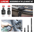 LLNDEI 1/2 inch Drive Deep Impact Socket Set, 37 Piece Standard SAE 3/8" to 1-1/4" | Metric 8 to 24mm, Includes Spark Plug Socket (16, 21mm), CR-MO Universal Joint, Extension Bars and Adapter