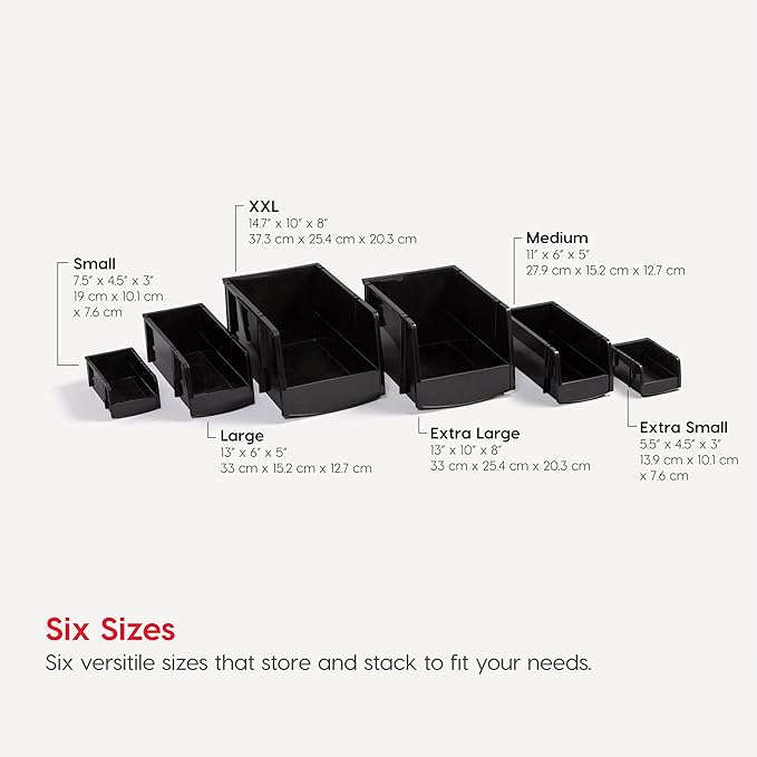 IRIS USA Stackable Bins, 7.5 x 4.5 x 3 inch, Plastic Hanging Open Front Shelf Bin Storage Organizer for Hardware, Craft Supplies, Small Parts, Nuts and Bolts, Garage Organization, 8 Pack- Small, Black