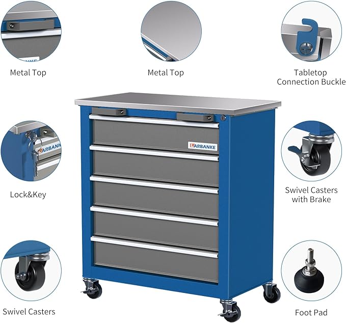 5-Drawer Rolling Tool Chest,Tool Cabinet on Wheels with Keyed Locking System and Drawer Liners,Tool Chest with Link Buckle and can be Combined to Large Cabinet Set,for Warehouse,Garage
