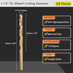 Drill Bit, 1/4" Cutting Diameter (6.35mm), 4241 HSS Black and Gold 118° Cutting Angle Versatile Jobber Bits - (Applications: for Drilling Plastic Wood Soft Thin Metal), 24-Pieces