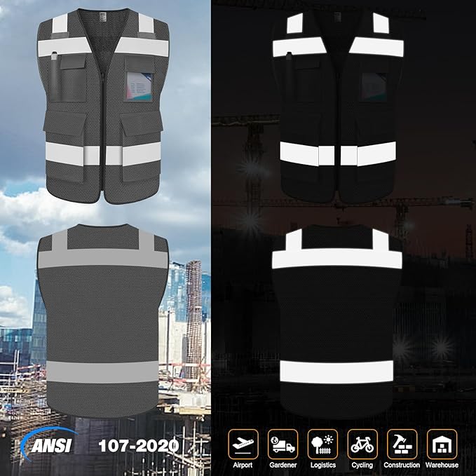 TCCFCCT Mesh Safety Vest for Men Women 5 Pockets Reflective Vest with Reinforced Zipper, High Visibility Construction Work Vest with Tabs for Walkie-talkie, Durable to Use, Meets ANSI/ISEA, Grey, XXL