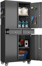 71" Metal Garage Storage Cabinet with 8 Hooks and Pegboards,2 Drawer Rolling Tool Storage with Locking Doors and Adjustable Shelves,Heavy Duty Steel Tool Cabinet for Garage, Warehouse