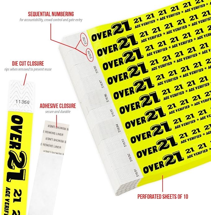 200 WristCo Over 21 Neon Yellow Tyvek Wristbands for Events - ¾” x 10” - Waterproof Recyclable Comfortable Tear Resistant Paper Bracelets Wrist Bands for Concerts Festivals Admission Party