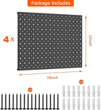 TORACK 4Pcs 12"x16" Metal Pegboard Panels for Garage, Workbench, Shop, Shed Tool Organizer Peg Board with 1/8" & 1/4" Holes, Modular Wall-Mounted Pegboard for Pegboard Hooks (Black)