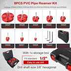 8Pcs Pvc Pipe Reamer Kit,Pipe Fitting Tools Contains 1/2", 3/4",1",1-1/4",1-1/2",2",3",4" Aluminum Head with a Extender,Fit into Standard 1/2" Drill,PVC Fitting Saver for PVC,CPVC,PPR or ABS,Red