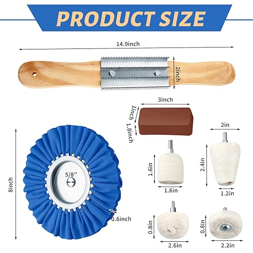 Liliful 12 Pcs 8" Airway Polishing Wheel Kit in Diameter 5/8", Metal Aluminum Buffing Wheel and Polishing Compound and Buffing Drill and Rake Pad for Angle Grinder Mirror Metal Finish (Bright Color)