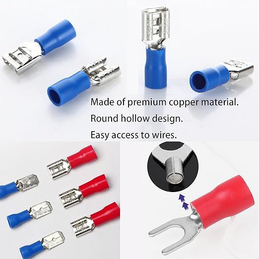 300pcs 18 Types Crimp Connectors, Ring Spade Fork Butt Wire Connectors Kit, 6.3mm Male and Female Spade Connector kit, Quick Disconnect Crimp Terminals Electrical Connectors, Electrical Terminals
