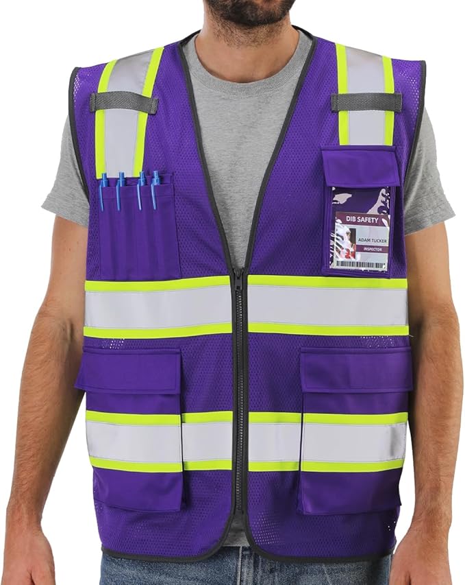 Dib Safety Reflective Mesh Vest High Visibility Two Tone with Pockets and Zipper, Purple Mesh with Yellow Trim M