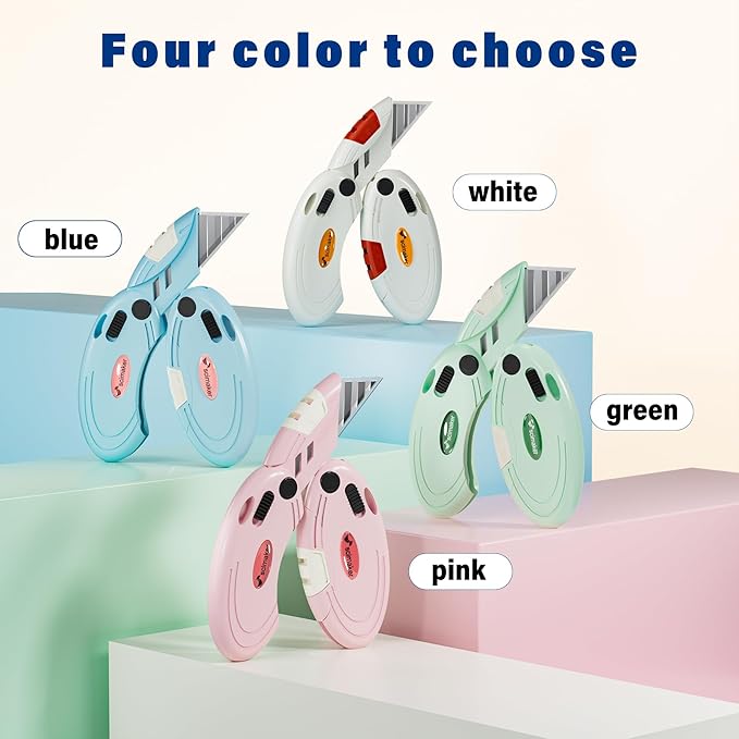 4 Pack Folding Utility Knife with 10 Extra Blades,Box Cutters with Button Lock Mechanism,Navajas Para Trabajo for Home,Office and Warehouse,4 Colors.