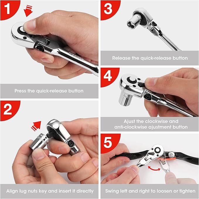 WORKPRO 1/4" Drive Flex Head Ratchet 72-Tooth Ratchet Flex Head with Chromium Plating Quick Release Reversible Design, 5 Degree Swing