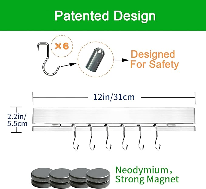 YIIYIIN 12 Inch Magnetic Knife Holder for Wall No Drill,Adhesive Knife Magnetic Strip with 6 Hooks,Kitchen Double Rods Stainless Steel Magnetic Utensil Holder(Silver)