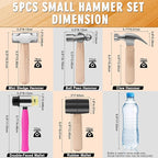 5Pcs Small Hammer Set - 10oz Rubber Mallet Hammer, 18oz Mini Sledge Hammer, 12oz Double-Faced Mallet, 11oz Ball Peen Hammer, 10oz Claw Hammer with Short Wood Handle for Lightweight Home Repair & Craft