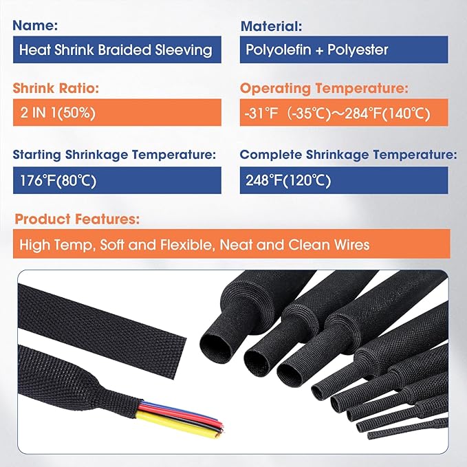 2:1 Heat shrinkable Braided Sleeving Fabric Wire Loom High Temp Heat Shrink Wiring Harness Abrasion Protector Cable Sleeve(1"-15ft)
