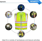SKSAFETY 10 Pockets Safety Vest, Class 2 High Visibility Security with Zipper, Hi Vis Vest with Reflective Strips, ANSI/ISEA Standard, Construction Work Vest for Men ＆ Women （Lime, 2XL）