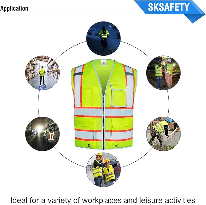 SKSAFETY 10 Pockets Safety Vest, Class 2 High Visibility Security with Zipper, Hi Vis Vest with Reflective Strips, ANSI/ISEA Standard, Construction Work Vest for Men ＆ Women （Lime, 5XL）