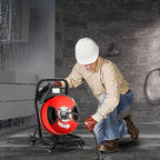 VEVOR 50FT x 1/2Inch Sewer Snake Cleaning Machine on 4 Wheels Electri Drain Auger with 4 Cutters & Foot Switch for 1''-4'' Pipes, Red, Black
