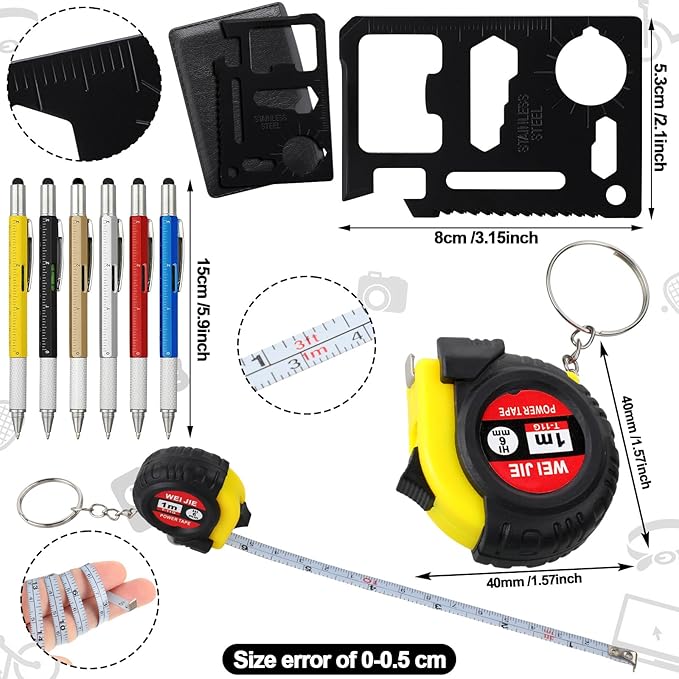 48 Pcs Mini Tape Screwdriver Keychain Set Christmas Men Gifts Bulk Adult Party Favors Multitool Pen Card Tool Measuring Keychains Stocking Christmas Stuffers for Men Dad (Multicolor)