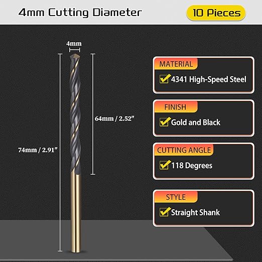 Drill Bit, 4mm Cutting Diameter, 4341 HSS Gold and Black 118° Cutting Angle Number Jobber Bits - (Applications: for Drilling Soft Metal Plastic Wood), 10-Pieces