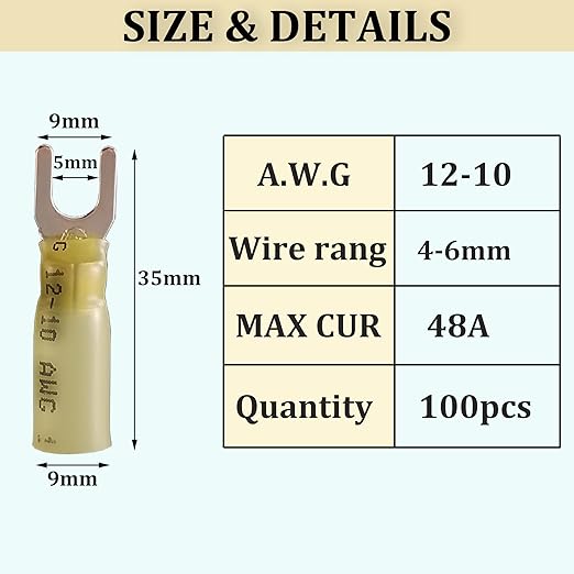 100pcs 12-10 AWG Marine Grade Heat Shrink Fork Connectors, ＃10 Tinned Copper Heat Shrink Fork Terminals, Insulated Electrical Spade Crimp Fork Wire Connectors (Yellow AWG12-10)