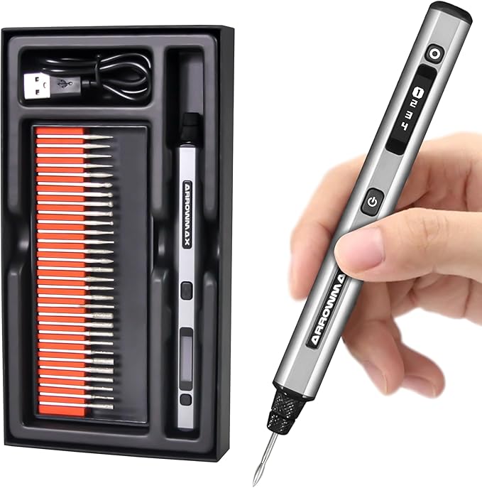 AM ARROWMAX Mini Engraving Pen: Ultimate Cordless Portable Tool for Artists & DIYers - Engrave 50+ Surfaces - Beginner Friendly - Engraving Pen for Bead, Metal, Wood, Glass and Plastic