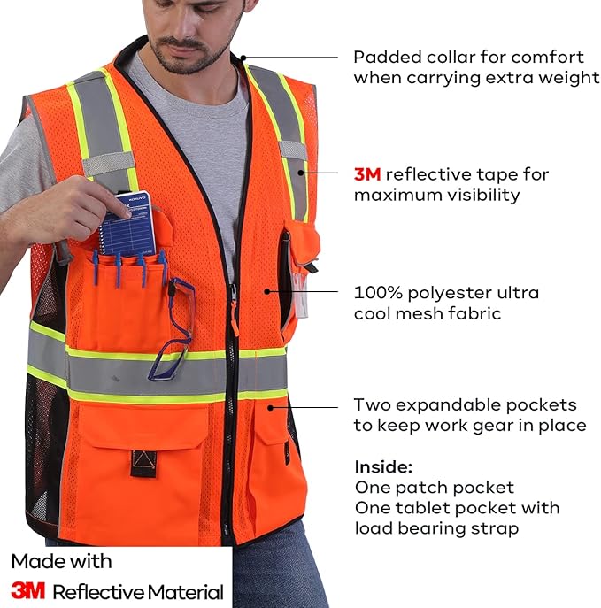 Neopelta Reflective Safety Vest Orange Mesh, Made with 3M Reflective Tape, Heavy Duty Vest with ID pocket, Padded Neck, Orange 2XL