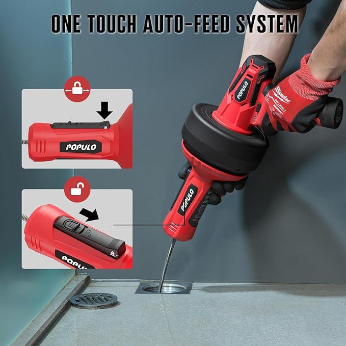 POPULO 12V Cordless Electric Drain Auger, Auto Feed Plumbing Snake Clog Remover for Unclog Sink Drain 3/4"-2" Pipe, Snake Hair Drain Clog Remover Cleaner Tools for Shower, Bathtub, Kitchen, Sink