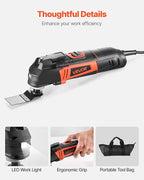 VEVOR Multitool Oscillating Tool, 3Amps Corded Oscillating Multi Tool with 6 Variable Speeds 15000-22000 OPM, 3.2° Oscillating Angle, 13PCS Saw Accessories, LED Work Light & Tool Bag