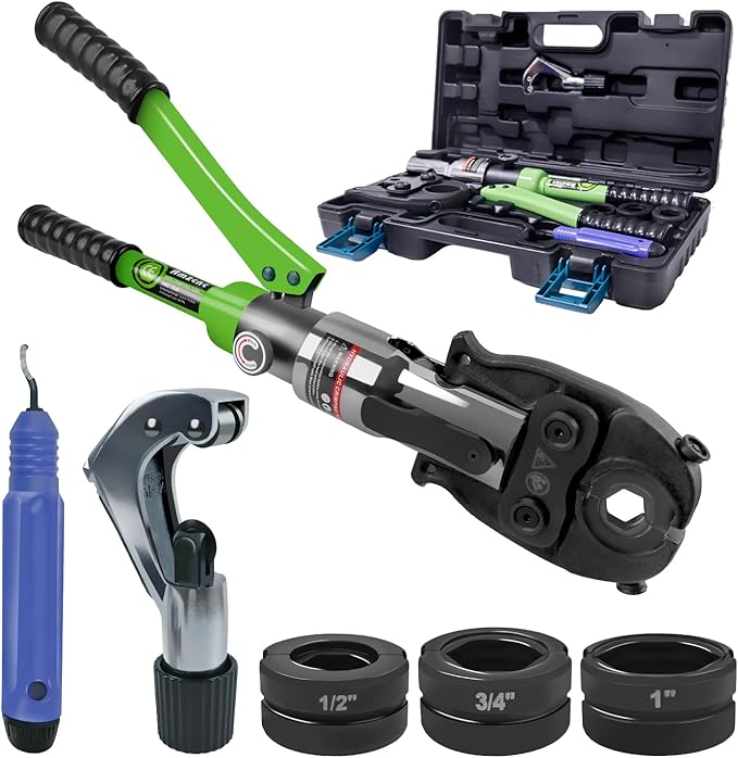 AMZCNC ProPress Tool Copper Tube Fittings Hydraulic Copper Pipe Crimping Tool with 1/2 inch,3/4 inch and 1 inch Jaws Copper Pipe Press Crimpers Pressing Pliers,Suit for Narrow Space and Tee Fittings