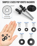 INCLY 1000PCS Pop Rivets Assortment Kit, 14 Sizes Black Rivets for Metal 3/32" 1/8" 5/32" 3/16" 1/4" and 5 Sizes 304 Stainless Steel Washers with Storage Case