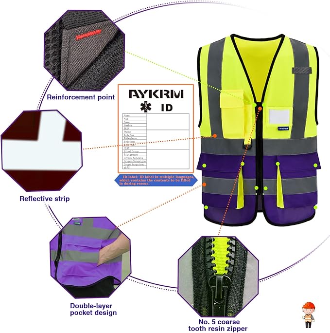 Yellow&Purple 4XL-5XLHigh Visibility Safety Vest with ZIPPER 4 Reflective Strips 7 Pockets