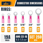 250PCS Red Heat Shrink Ring Terminal Kit – 22-16 AWG Wire Terminal Connectors Assortment, 6 Sizes (#8, #10, 1/4", 5/16", 3/8", 1/2") – Waterproof Tinned Copper Electrical Ring Connectors