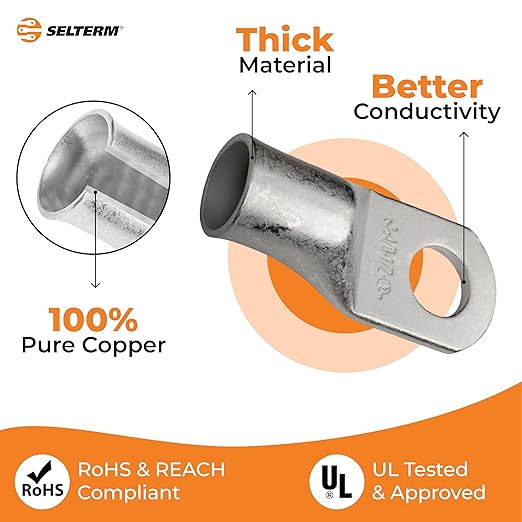 SELTERM 2pcs 4/0 AWG 1/2" Stud Tinned Copper Wire Lugs, Ring Terminals, Battery Cable Ends, 0000 Gauge Ring Terminal Connectors, UL Marine Grade Electrical Terminals