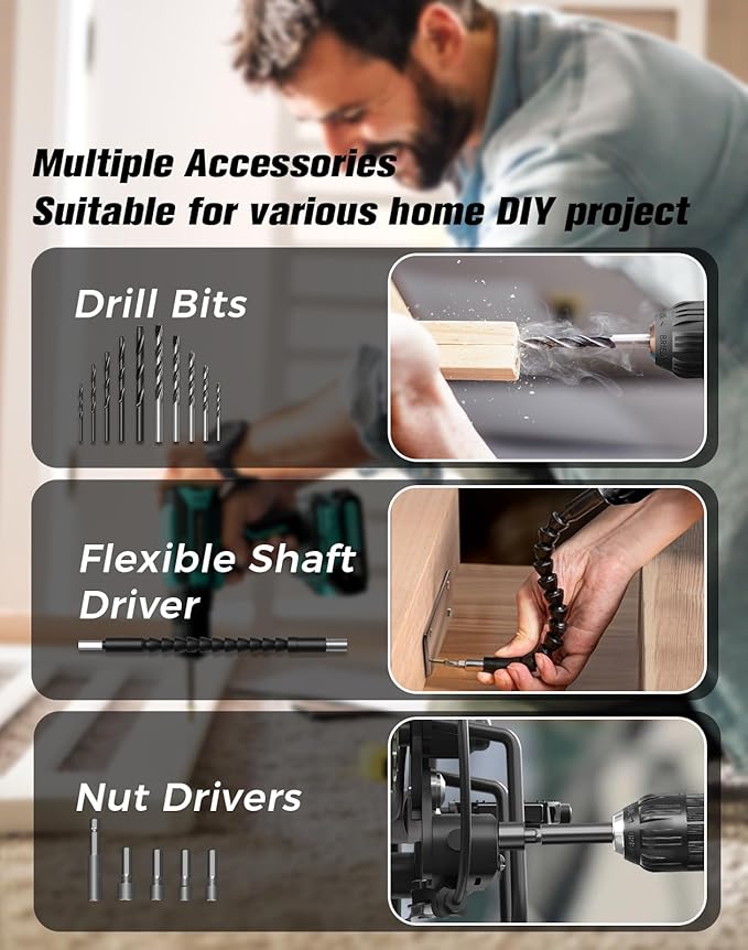 Cordless Drill, 20V MAX Power Drill Set with Dual Power Pack & Charger, 3/8 Inch Keyless Chuck, Variable Speed, 25+1 Position and 56PCS Bits/Screws, Power Tools for Home Projects
