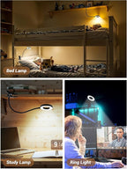 Clip on Lamp,5 Colors+10 Brightness LED Desk Lamp with Clamp,550lm Bright Clip on Light for Bed Headboard/Bedside Table,360°Adjustable Reading Light for Bed,Desk Lights for Home Office Study [Adapter]