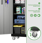 71" Metal Storage Cabinet with Wheels and Pegboard, Lockable Rolling Steel Storage Cabinet with 5 Adjustable Shelves and Door for Garage, Office, Kitchen, Assembly Required,Black and Grey