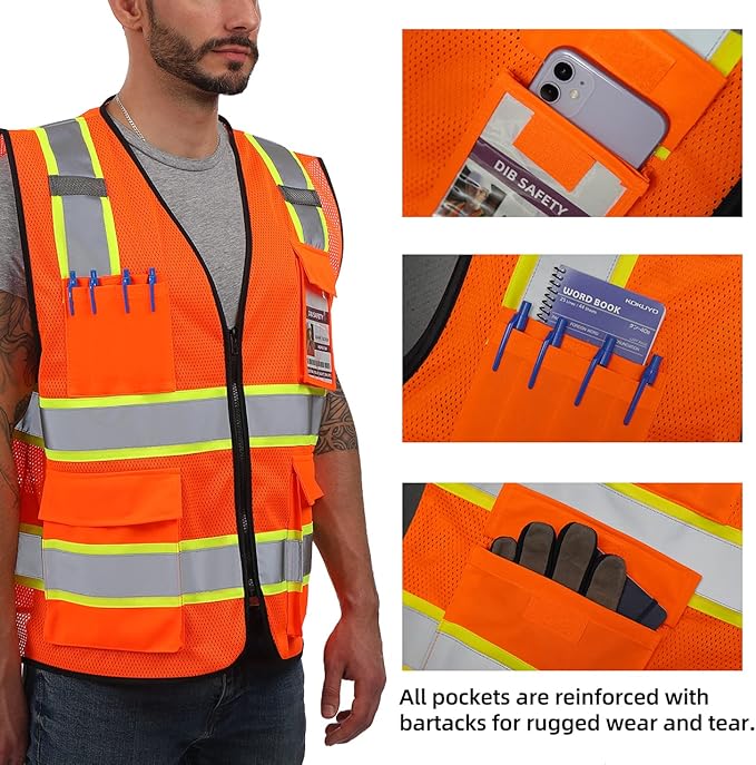 Dib Safety Reflective Mesh Vest High Visibility Two Tone with Pockets and Zipper, ANSI Class 2 Compliant, Orange Mesh with Yellow Trim M