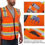 Dib Safety Reflective Mesh Vest High Visibility Two Tone with Pockets and Zipper, ANSI Class 2 Compliant, Orange Mesh with Yellow Trim M