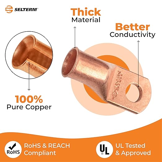 SELTERM 25pcs 1/0 AWG 5/16" Stud Battery Lugs, Ring Terminals, Heavy Duty Copper Wire Lugs, Battery Cable Ends, 0 Gauge Ring Terminal Connectors, UL Bare Copper Eyelets Electrical Battery Cable Lugs