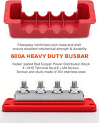 600A Heavy-Duty Bus Bar (2-Pack) Nickel Plated Copper Distribution Terminal Block with Cover 4 M10 (3/8 in) Studs & 8 Screws Buss Bar for Solar RV Marine Car Audio 12-48V DC Battery System
