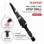 KAYGO M35 Step Drill Bit, 1/8 to 1/2 inch Step Bits for Thin Metal Stainless Steel Aluminum Wood Plastic,1/4 -inch Hex Shank