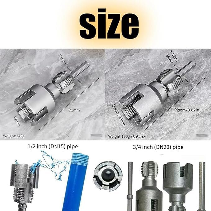 Integrated Internal & External Pipe Threading Tool, Pipe Thread Cutting Tool, Electric Drill Compatible 2 In 1 PVC Pipe Threader Kit, 1/2" 3/4" PVC Thread Maker Tool for Water Pipes (1/2’’ + 3/4’’)