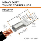 SELTERM 25pcs 6 AWG 1/4" Stud Marine Grade Tinned Copper Battery Cable Lugs, 6 Gauge Ring Terminals, UL Wire Lugs Electrical Battery Cable Ends, Tinned Copper Lugs Battery Terminal Connectors
