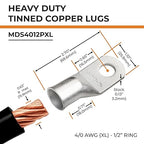 SELTERM 5pcs 4/0 AWG (XL) 1/2" Stud Tinned Copper Wire Lugs, Battery Lugs,Ring Terminals, Battery Cable Ends, 0000 Gauge Ring Terminal Connectors,UL Marine Grade Electrical Battery Terminal Connectors