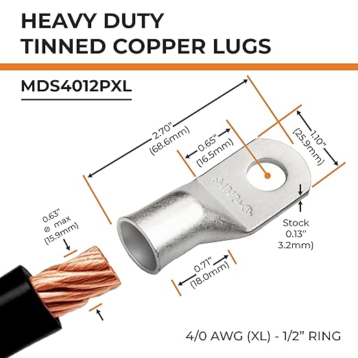 SELTERM 5pcs 4/0 AWG (XL) 1/2" Stud Tinned Copper Wire Lugs, Battery Lugs,Ring Terminals, Battery Cable Ends, 0000 Gauge Ring Terminal Connectors,UL Marine Grade Electrical Battery Terminal Connectors