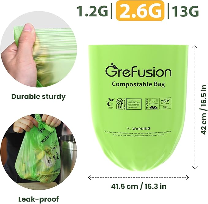 2.6 Gallon Compostable Trash Bags, 100 Count, Extra Thick 0.71 Mil, Certified by BPI and ASTM D6400, Perfect Fit for Small Trash Cans