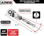 ARES 42044 - Flex Head Stubby Ratchet - 3/8-Inch Drive 72-Tooth Ratchet - Premium Chrome Vanadium Steel Construction & Mirror Polish Finish - Quick Release Reversible Direction Head Design