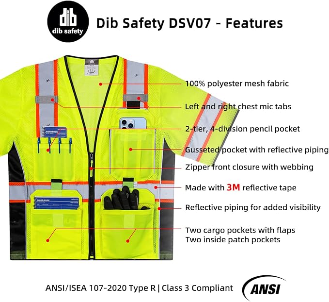 Dib Safety Reflective Mesh Vest ANSI Class 3, High Visibility with Pockets and Zipper, Made with 3M Reflective Tape, Yellow M