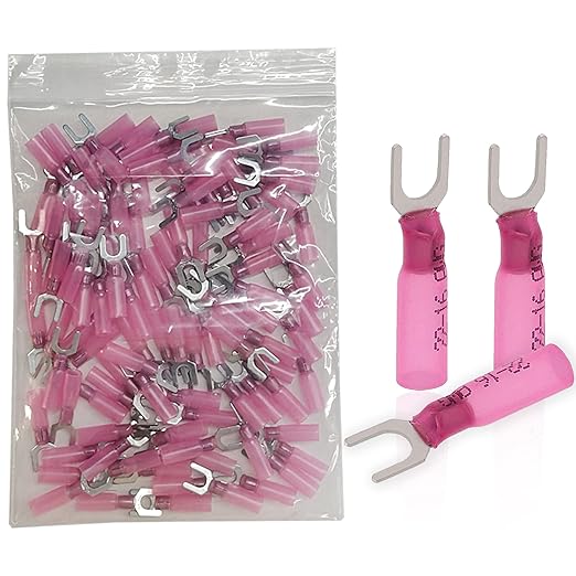 100pcs Red 22-16 AWG Marine Grade Heat Shrink Fork Connectors,＃10 Tinned Copper Heat Shrink Fork Terminals, Insulated Electrical Spade Crimp Fork Wire Connectors